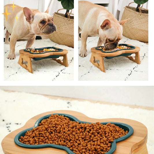 Elevated Ceramic Dog Bowl with Wooden Stand