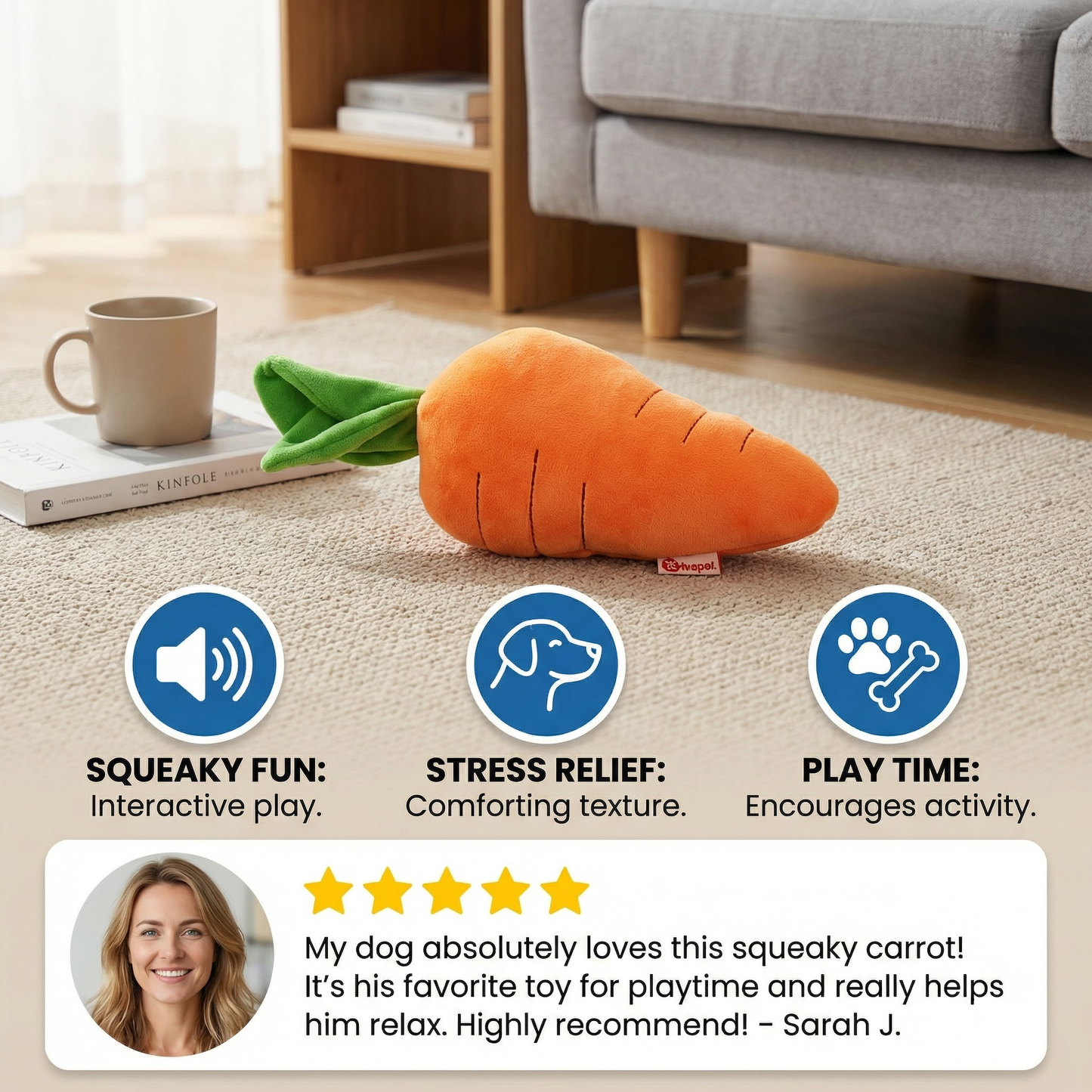 Squeaky carrot dog toy for stress relief and play time